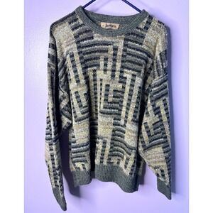 Vintage Jantzen Mens XL Abstract Geometric Knit Sweater Grey Gold Made in USA